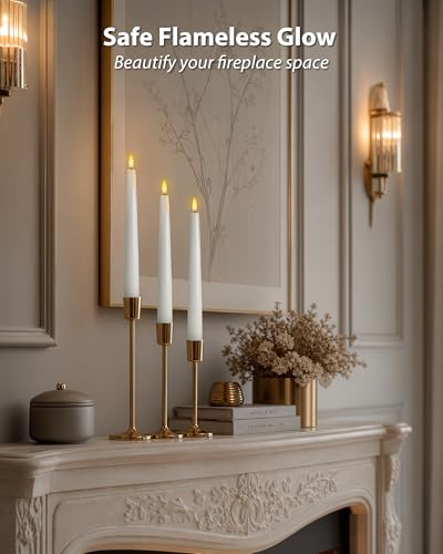 Image of Homemory 9.6 Inches Waxy Flameless Taper Candles with Remote Timer Dimmer, Flickering LED Candlesticks, Battery Operated Window Candle for Christmas Wedding Home Decor, White, 6 Pcs