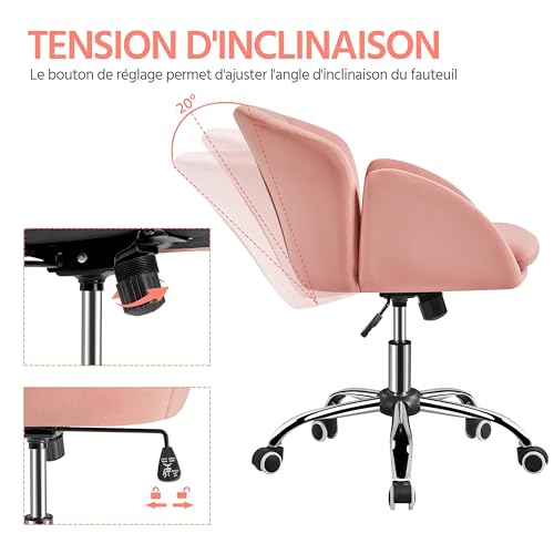 Chaise bureau rose inclinable avec dossier arrondi design fleur Yaheetech