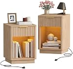 Akxomel Fluted Nightstands Set of 2, Wooden Night Stand with Charging Station and LED Light, Modern Mid Century End Table with Drawer, 40 x 38 x 57.5 cm, for Bedroom, Natural Oak