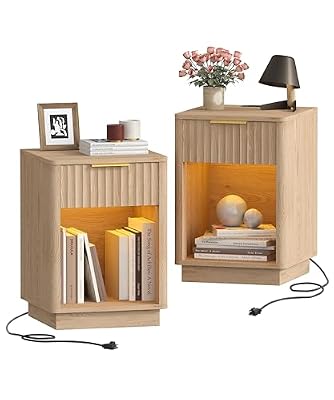 Akxomel Fluted Nightstand Set 2 Bedside Table with Charging Station Oak