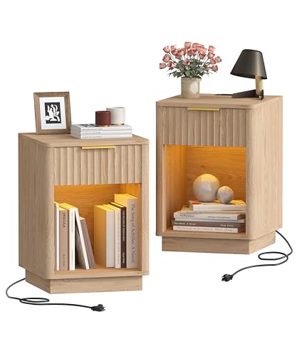 Akxomel Fluted Nightstands Set of 2, Wooden Night Stand with Charging Station and LED Light, Modern...
