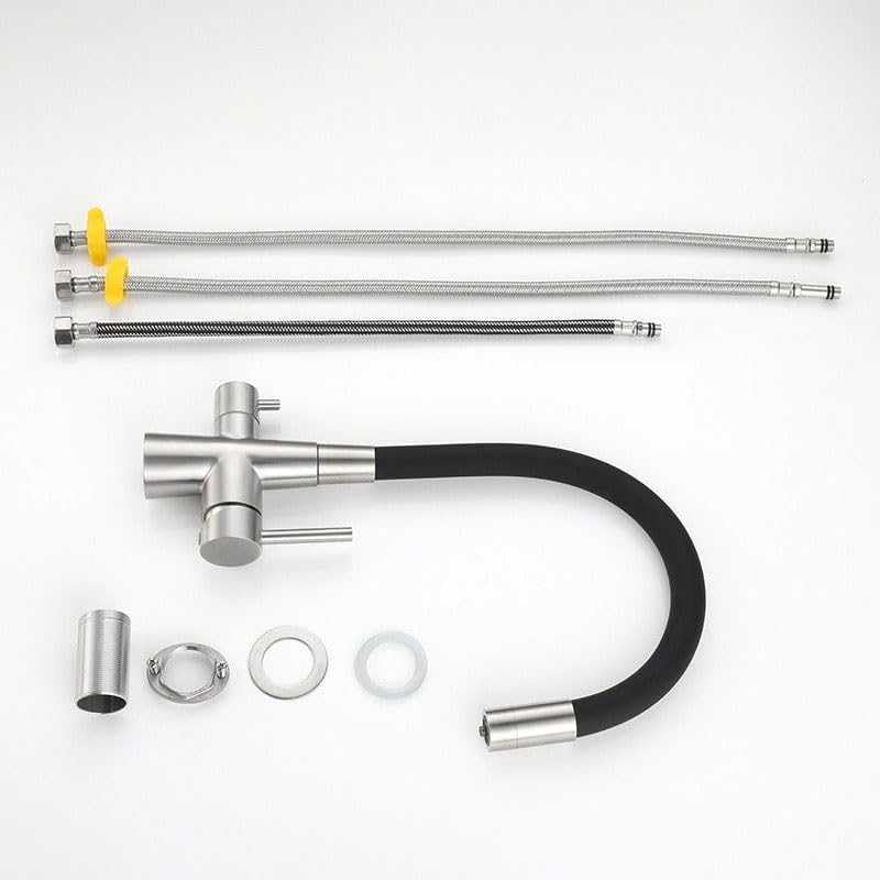 Grifo de filtro de agua de 3 vías, grifo mezclador de fregadero de acero inoxidable, grifo mezclador de cocina de 1 agujero, boquilla giratoria, 2 salidas de agua, grifo mezclador cepillado para
