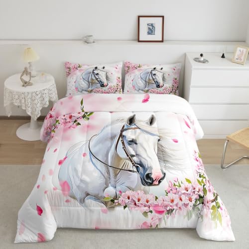 Image of Feelyou White Horse Comforter Set Twin Size Bedding Set for Teens
