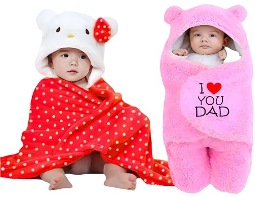 Image of Swissberry Baby Bedding Sets, Blankets Newborn Pack of Hooded Wrapper, Swaddler for Baby Boys and Girls, 0-6 Months, L 80 cm x B 80 cm, Pack of 2 pcs (Red Polka & Pink Dad)