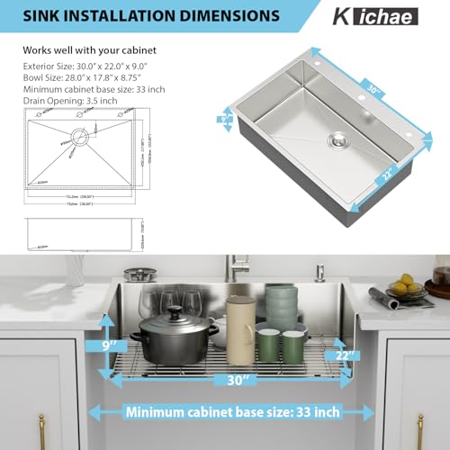 Image of Kichae 30 Drop In Kitchen Sink with Faucet Combo - Stainless Steel Sinks 30 x 22 Inch Topmount Overmount Single Bowl Handmade Basin with Accessories