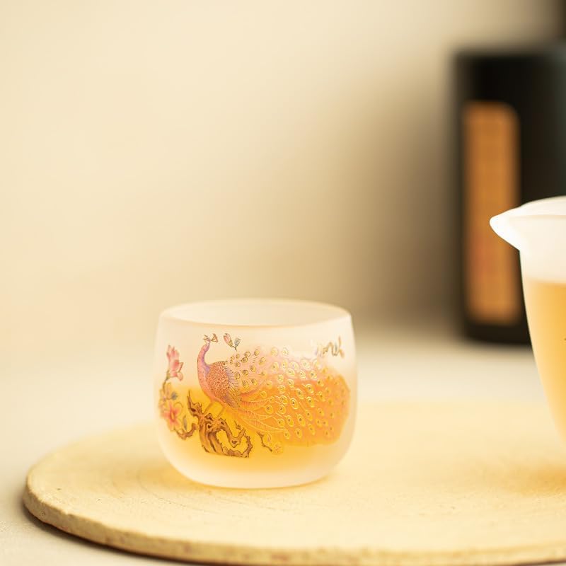 Tea Cup Frosted Glass Teacup Host Chinese Style Peacock Set Soaking Container