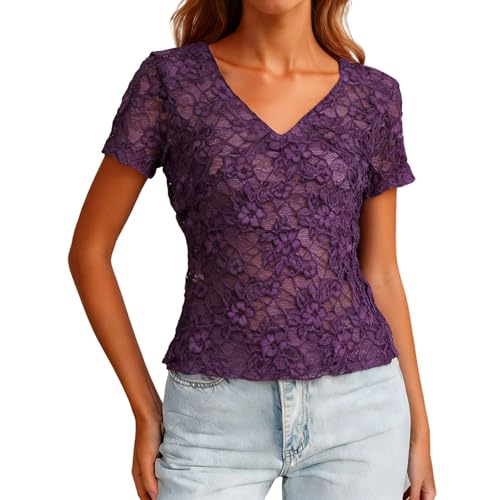 Mesh Short Sleeve Tops for Women Lace Sexy Sheer Tight Tops See Through V Neck Shirt Summer Party Club Outfits Purple