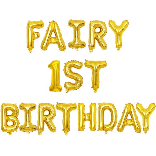 Juego de 2 globos dorados de letras de hada para el primer cumpleaños de 16 pulgadas, globos de papel de aluminio, decoración de fiesta, globos de letras doradas, suministros de fiesta de primer