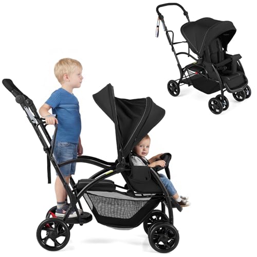 BABY JOY Sit and Stand Stroller, Foldable Double Stroller with Wristband, Adjustable Handlebar, Backrest, Footrest, Canopy, 5-Point Harness & Storage Basket, Baby Push Car for Toddlers, Black