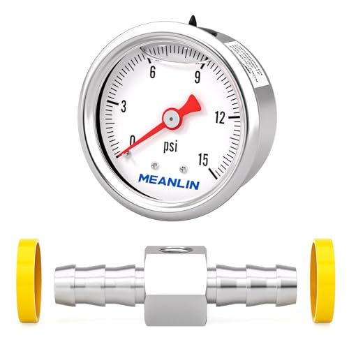 Image of MEANLIN MEASURE 0-15Psi Stainless Steel Glycerin Filled Pressure Gauge 1 /8 inch NPT 1.5 inch Face Dial, with 3 /8 inch Barb Pressure Adapter, 9-Piece Kit, Back Mount