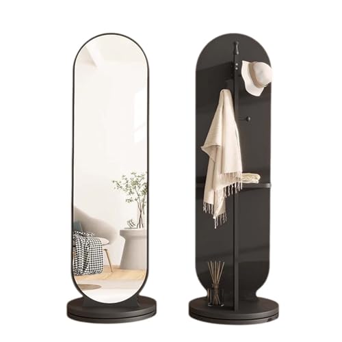 Espejo giratorio de 360° de longitud completa con perchero y estante de almacenamiento, moderno espejo de suelo de madera 2 en 1 para dormitorio y sala de estar, elegante diseño negro