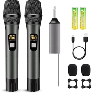 Wireless Microphone, Handheld UHF Dual Metal Cordless Dynamic Mic System with Rechargeable Receiver,200ft Range,for Karaoke, Speech, Party, Wedding, Church,Singing Machine-Auto Connect