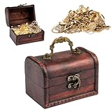 Kleine Schatztruhe Holz, Vintage Schatzkiste Kinder, Schatztruhe Kindergeburtstag, Rotbraun Piratenkiste 12x8.5x8.5cm, Schatztruhe Klein Aufbewahrung für Schmuck, Münzen, Deko, Erinnerungsstücke