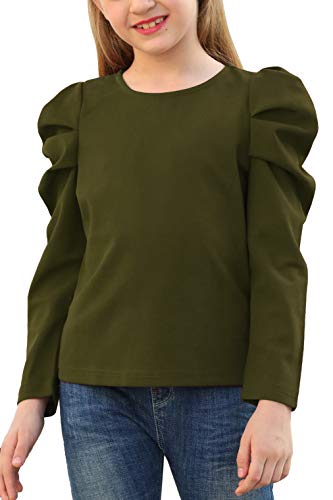 GORLYA Girl's Puff Sleeve Casual Solid T-Shirt Pullover Keyhole Back Blouse Tops for 4-14T Kids