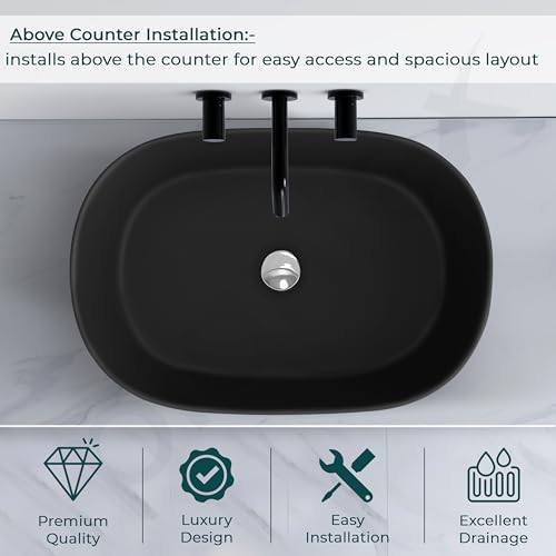 Image of Plantex Ceramic Wash Basin for Bathroom /Oval Table Top Basin /Countertop Vessel Sink for Home /Hotel - (Charcoal Black- 22 x 14 x 6 inch)
