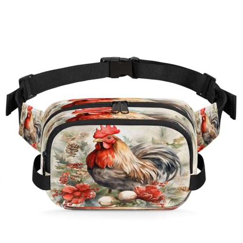 Watercolour Berry Flower Rooster Waterproof Fanny Pack for Women Men Adjustable Waist Bag with Double Zipper Pockets Lightweight Square Hip Pack for Running Travel Hiking Workout Cycling