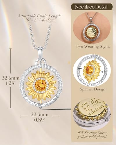 FANCIME Sunflower necklace Sterling Silver Gold Plated Anxiety Pendant for anti-stress, You Are My Sunshine Rotatable Jewelry Birthday Christmas Gifts for Women3
