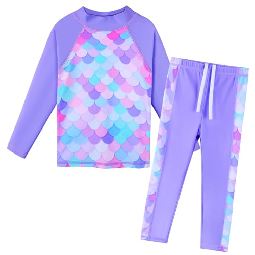 Image of Girls Two Piece Swimsuit Long Sleeve Floral Bathing Suit UPF 50+ Summer Beach Swimwear