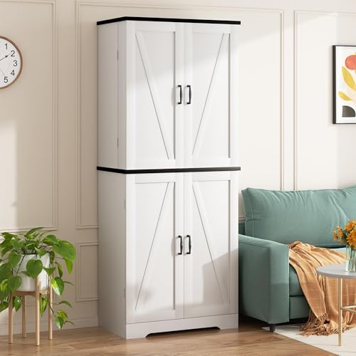 Image of Shintenchi Kitchen Pantry Cabinet, Freestanding Farmhouse Storage Cabinet with 8 Door Shelves, 2 Cabinets and 1 Drawer, Tall Cupboard for Kitchen, Living Room, Dining Room and Bathroom, White