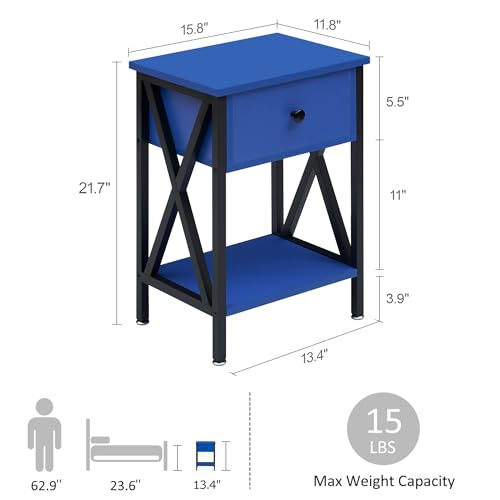 Image of VECELO Nightstands, Modern Bedside End Tables Set of 2, Night Stand with Drawer and Storage Shelf for Living Room Bedroom, Industrial Metal Frame