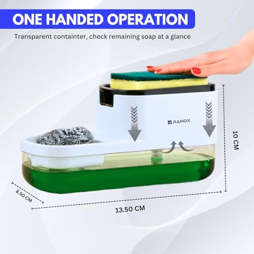 Image of Ranox Soap Dispenser for Kitchen Sink Accessories, Dish Wash Liquid Dispenser Pump 400ml with Sponge Holder, Bathroom Soap Dispensers, Kitchen Sink Organizer (White (Dual Dishwasher))