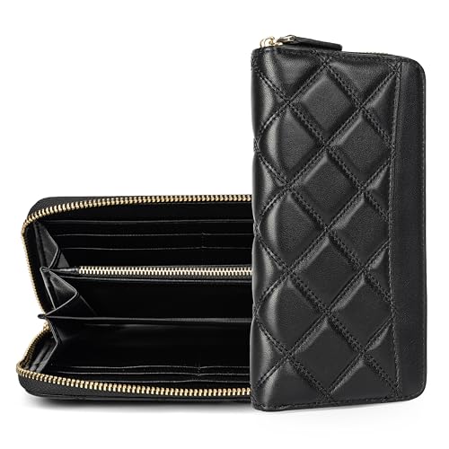 DORIS&JACKY Quilted Leather Wallet for Women Large Capacity Zipper Around Travel Wallet