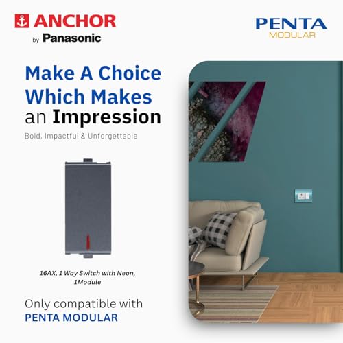 Image of Anchor by Panasonic Penta Modular 16AX 1 Way Switch with Neon Indicator, 1 Module 1 Way Switch (Black, 65077B)