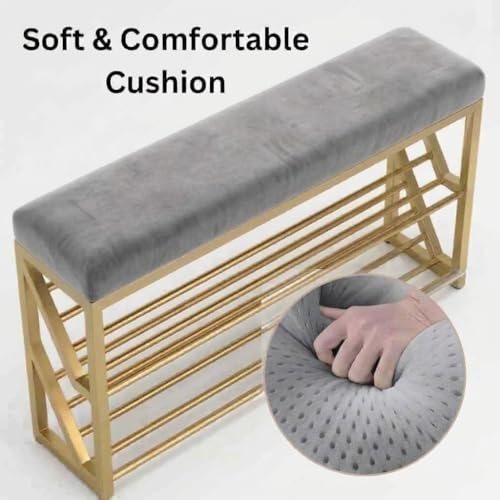 Image of Entryway Shoe Rack with Cushioned Seat, Shoe Bench for Entry, 2 Shelves Storage Bed Bench