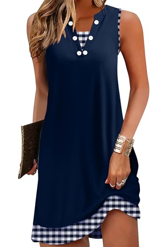 Image of Disamer Womens Summer Dress 2026 Casual Button Down V Neck Sleeveless Boho Floral Beach Sundresses Vacation A-Line Dresses