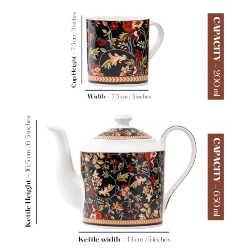 Image of GOLDEN QUEEN'S Handcrafted Bone China Tea Set - 6 Cups & 1 Kettle (1.8L) | Ideal for Everyday Tea & Coffee, Hosting Tea Service with Friends & Family - Enchanted Night Garden