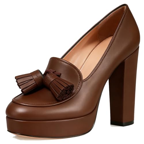 Image of SHODENSE Women Vintage Chunky Platform Loafers Pumps Tassel Round Closed Toe Slip On Suede Block High Heel Dress Loafer Shoes Buckle Strap Oxford Loafers Fringe Pump Dressy Chic Sexy Y2k 4-11 M US