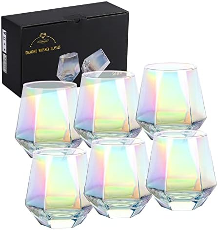 DIEWEISIMI Wine Glasses Set of 6 (10 Oz), Stemless Wine Glass for Red and White Wine, Iridescent Diamond Shaped Glassware for Whiskey, Cocktail, Best Gift Anniversary, Wedding, Housewarming, Birthday