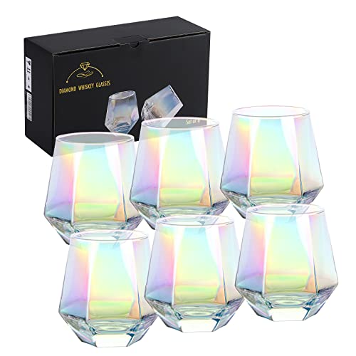 Dieweisimi Wine Glasses Set Of 6 (10 Oz), Stemless Wine Glass For Red And White Wine, Iridescent Diamond Shaped Glassware For Whiskey, Cocktail, Best Gift Anniversary, Wedding, Housewarming, Birthday #TOP14