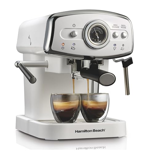 Image of Hamilton Beach Slide & Lock Espresso Machine with Milk Frother and Steam Wand for Cappuccino and Latte, 15 Bar Pump and Two Spouts, Removable Reservoir, Compact, Retro Design, Color