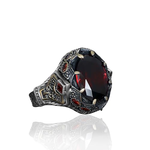 BayVog Men’s Sterling Silver Ring with Round Garnet Gemstone – Gothic Vintage-Style Handmade Ring – Deep Red Stone Statement Jewelry for Men