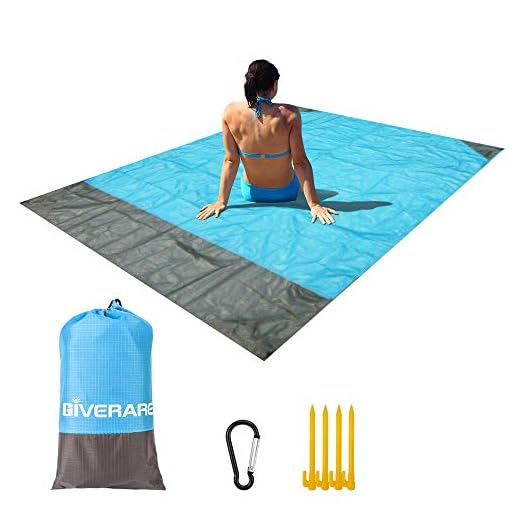 GIVERARE Sandfree Beach Blanket, Waterproof Picnic Blanket, Quick Drying Indoor&Outdoor Family Mat with 4 Stakes&4 Corner Pockets for Travel, Camping, Hiking, Music Festival
