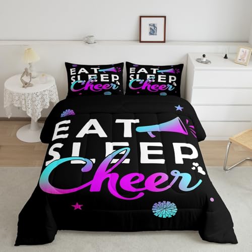 Image of Feelyou Girls Cheerleading Comforter Set Toddler Size for Girls Boys Eat Sleep Cheer Comforter Gymnastics Dancing Lovers Bedding Set Cheer Sports Purple Blue Duvet Set Quilt 2Pcs