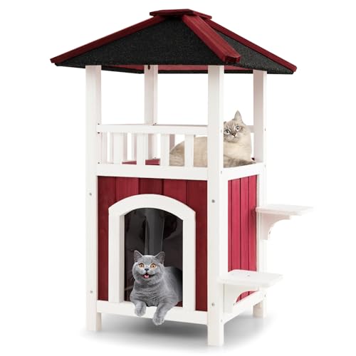 GOPLUS Niche pour Chat Exterieur en Bois à 2 Étages, Toit en Asphalte, Balcon, Rideau de Pluie, Plates-Formes de Saut, Niche Chat Sol Amovible, Résistant...