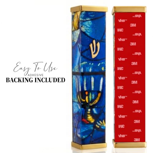 Image of SURI Mezuzah with Scroll for Door | 5 Inch Modern Aluminum Mezuzah Case | Fits 4 Inch Scroll | Gold & Silver Chagall-Inspired Design | Self Adhesive Easy Install | Judaica Jewish Gift