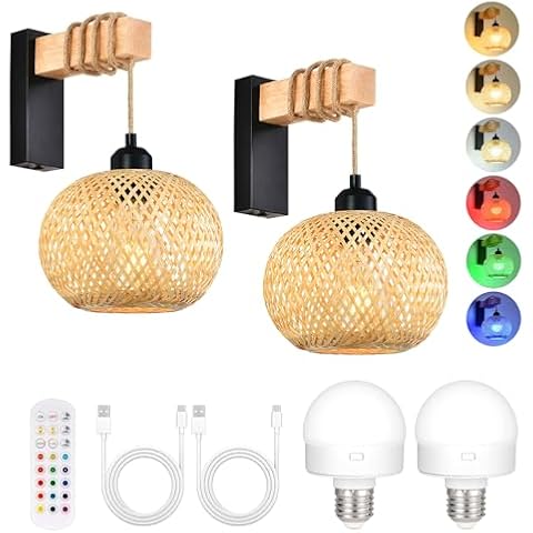 Battery Operated Wall Sconce,Rechargeable Wall Lights with Remote Bulbs,Dimmable Rattan Wall Sconces Set of Two,Boho Battery No Wireless Wall Sconce Rattan Wall Lamp/Light for Bedroom Living Room Cover