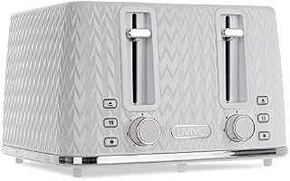 LIVIVO Taurus 4 Slice Toaster Glossy Finish with Extra Wide Slots - 6 Browning Bread Toast Settings - Reheat Defrost & Cancel Functions  High Lift  Removable Slide On Crumb Tray 1750w (White)