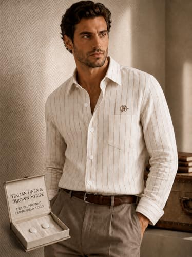 Image of Men's Lilan Vertical Stripe Regular Fit Full Sleeve Shirt with Chest Pocket | Cream Beige Casual Shirt