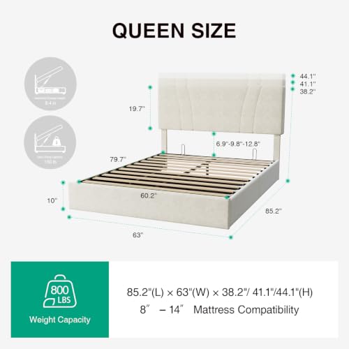 Image of Novilla Queen Lift Up Storage Bed Frame /Charging Station /LED Light, White