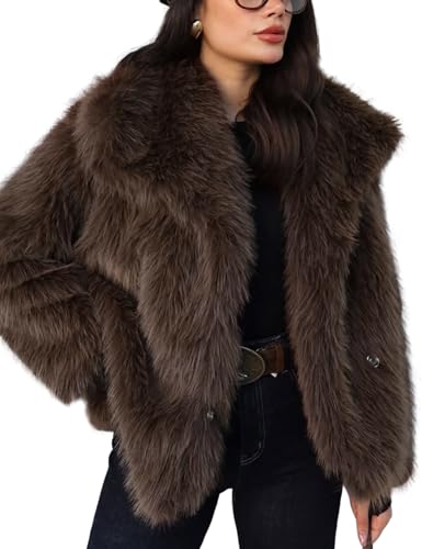 Wyeysyt Womens Faux Fur Coat Cropped Fluffy Shaggy Jacket Long Sleeve Lapel Winter Furry Coat Outwear