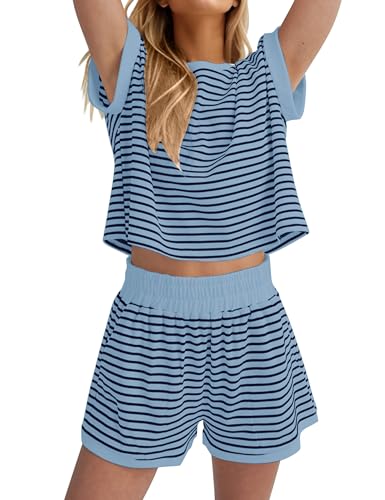 Image of MISSACTIVER 2 Piece Lounge Set Women Stripe Knit Short Sleeve Tee Shirts Shorts Casual Summer Loungewear Shorts Sets