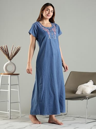 Image of 9shines Label Stylish Denim Cotton Nighty Maxi for Women | Full Length Trendy Nightgown | Premium Nightdress | Nightwear | Embroidery Nighty with Pocket (9SDS)