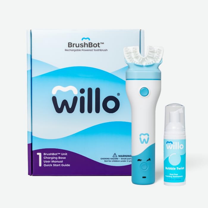 Willo BrushBot Kids U-Shaped Electric Toothbrush Starter Kit, Automatic, Rechargeable, with 2 Minute Timer, App Connectivity, Soft Bristles, Plaque Removal, Medium Bubble Fluoride and Dye-Free