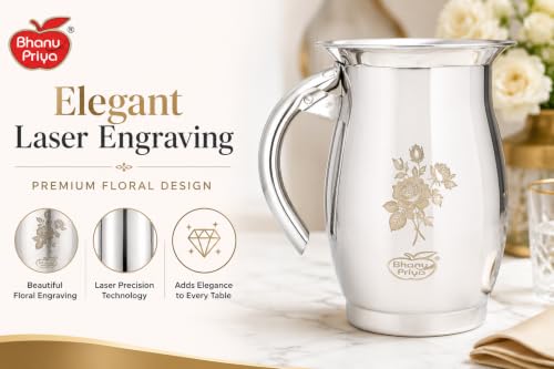 Image of Bhanu Priya Stainless Steel Deluxe Laser Water Jug 2.5 L | Mirror Polish Steel Jug | Floral Laser Engraving | Wide Mouth | Strong Riveted Handle | Water, Juice, Milk & Lassi Jug| 2.5 L