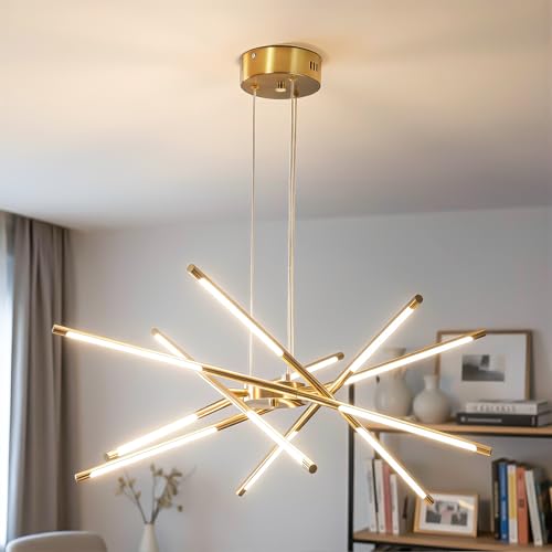 Fang Yan Mei Modern Gold Chandelier, 12-Light LED Linear Pendant Light Fixture, Dimmable Gold Chandeliers for Dining Room, Living Room, Bedroom, Kitchen Island