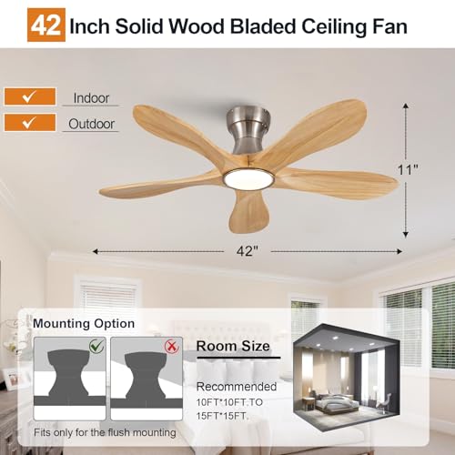 Image of Dimmable 42 Inch Flush Mount Ceiling Fans with Lights and Remote, 5 Blade Wood Bedroom Ceiling Fan Outdoor Ceiling Fans for Patios Low Profile Ceiling Fan with Light for Bedroom Indoor